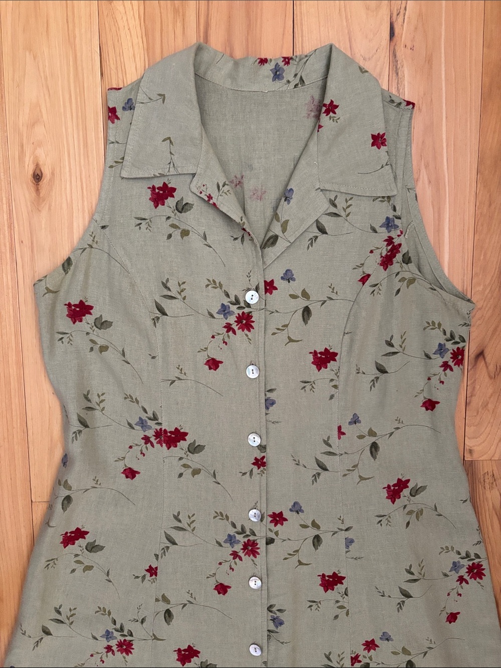 Sleeveless Linen Cotton Floral Print V Neck Collared A-line Midi Dress | Size L - Picture 4 of 6